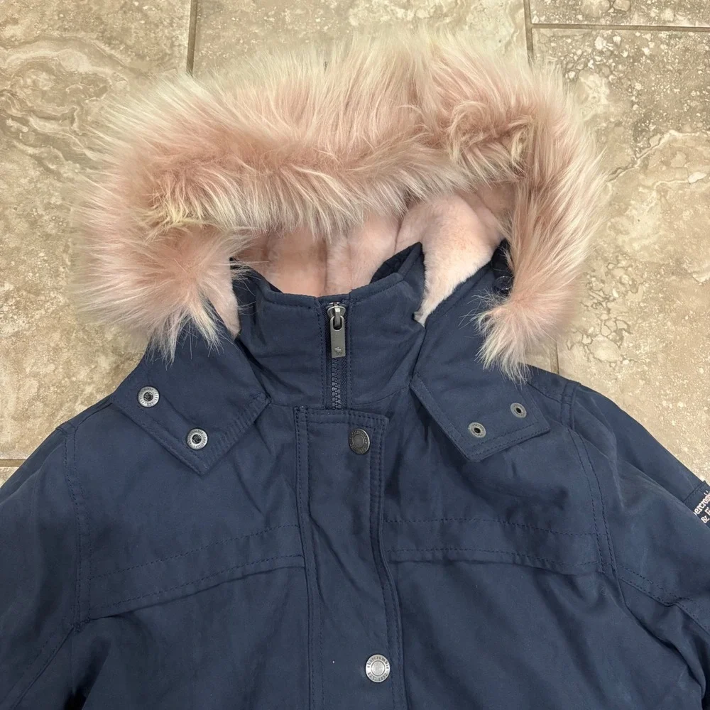 Abercrombie Kids‎ Girls Navy Blue Faux Fur Lined Parka Jacket Hooded 13/14